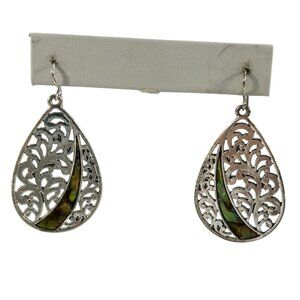 Silver Tone Teardrop Filigree Dangle Earrings Abalone Inlay Hook Boho